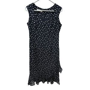 Escada Navy Blue Polka Dot Silk Midi Dress Ruffles V-Neck Sleeveless Size 40